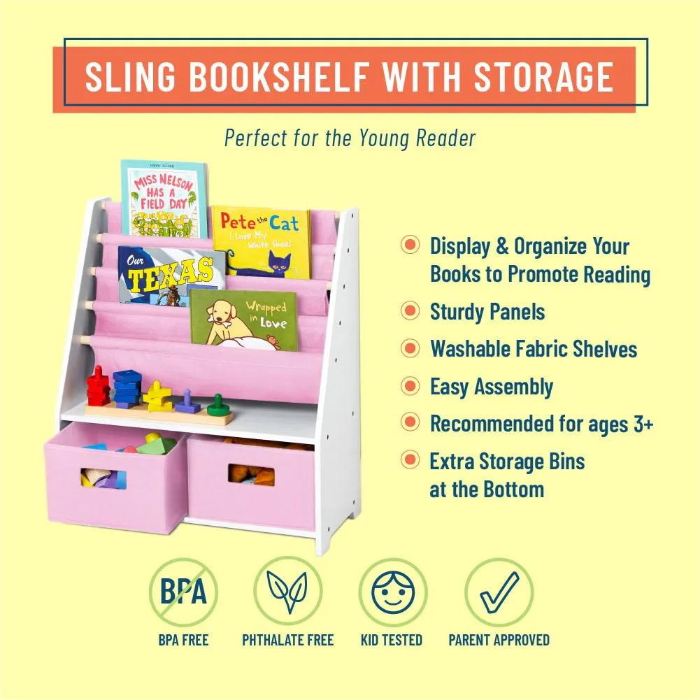 White Sling Bookshelf with Storage Totes