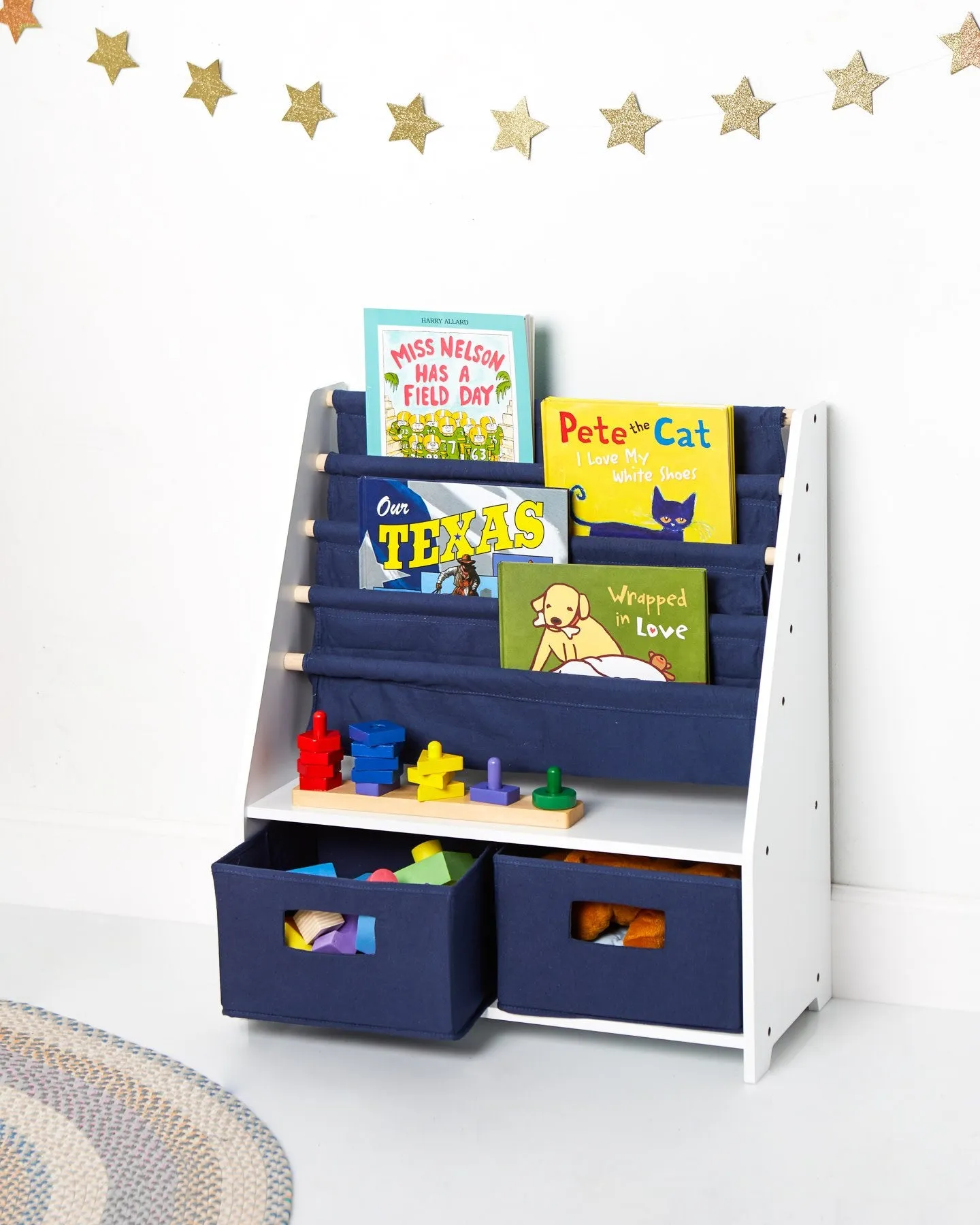 White Sling Bookshelf with Storage Totes