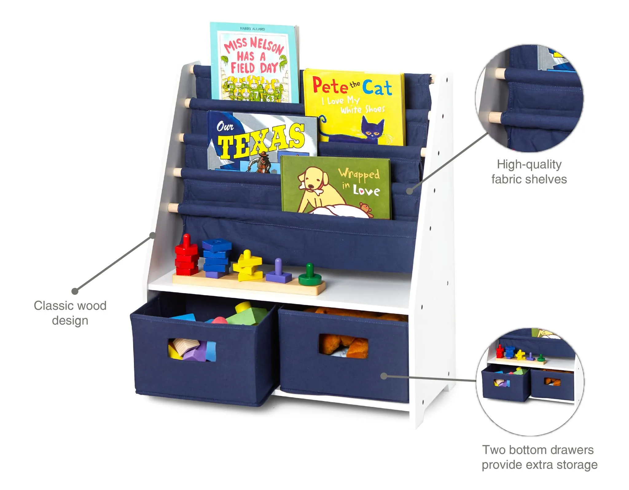 White Sling Bookshelf with Storage Totes
