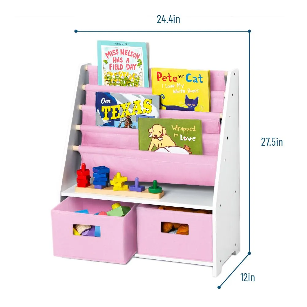 White Sling Bookshelf with Storage Totes