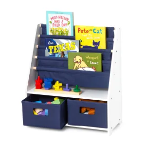 White Sling Bookshelf with Storage Totes