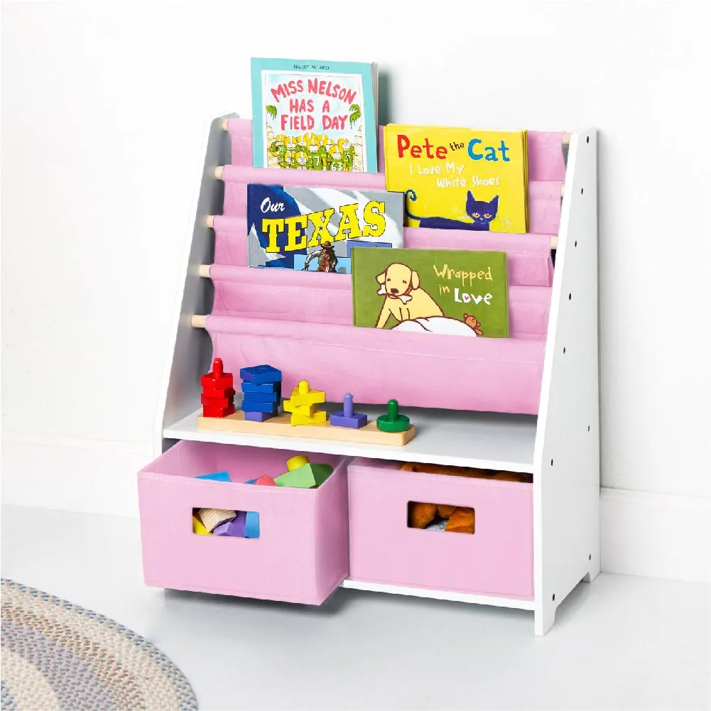 White Sling Bookshelf with Storage Totes