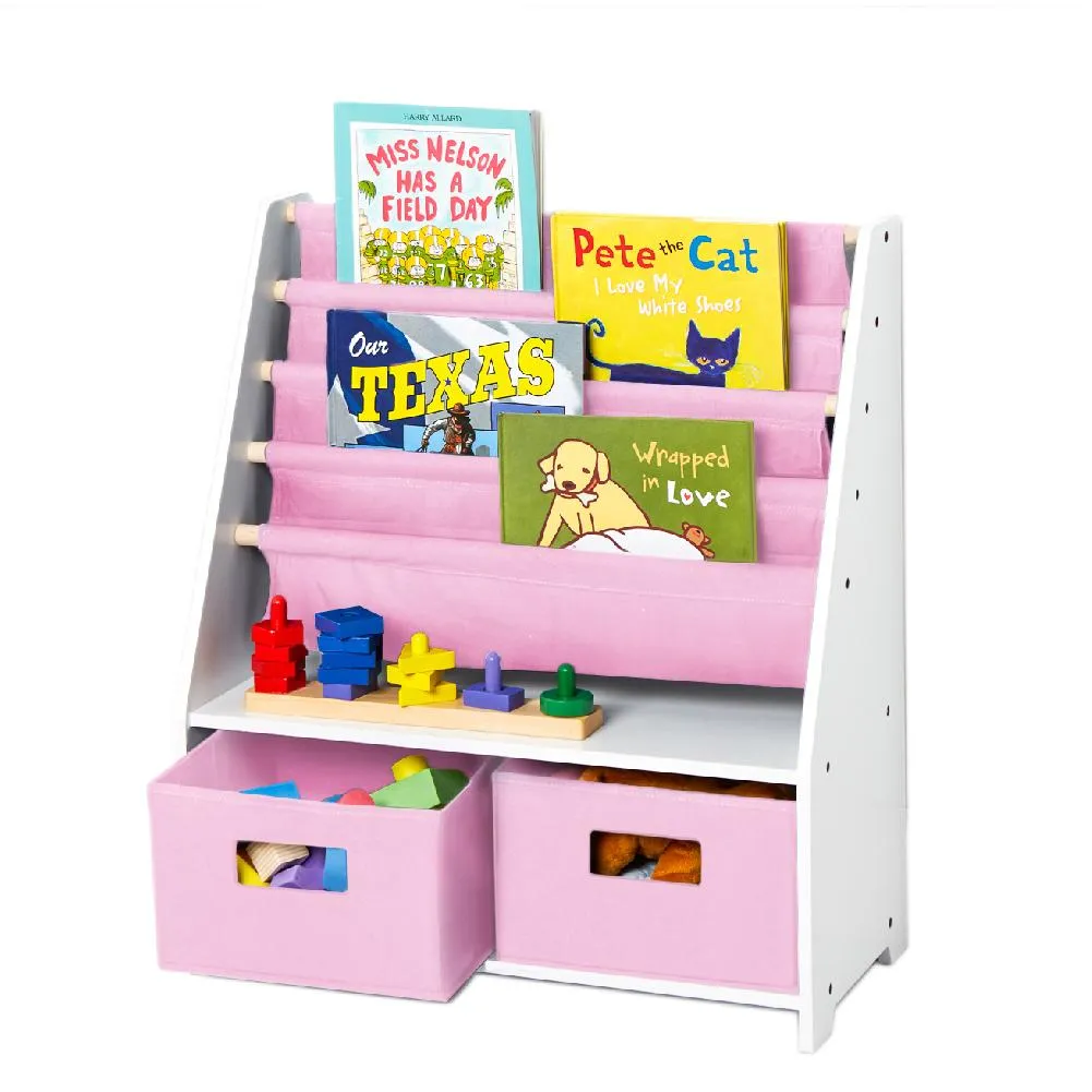 White Sling Bookshelf with Storage Totes