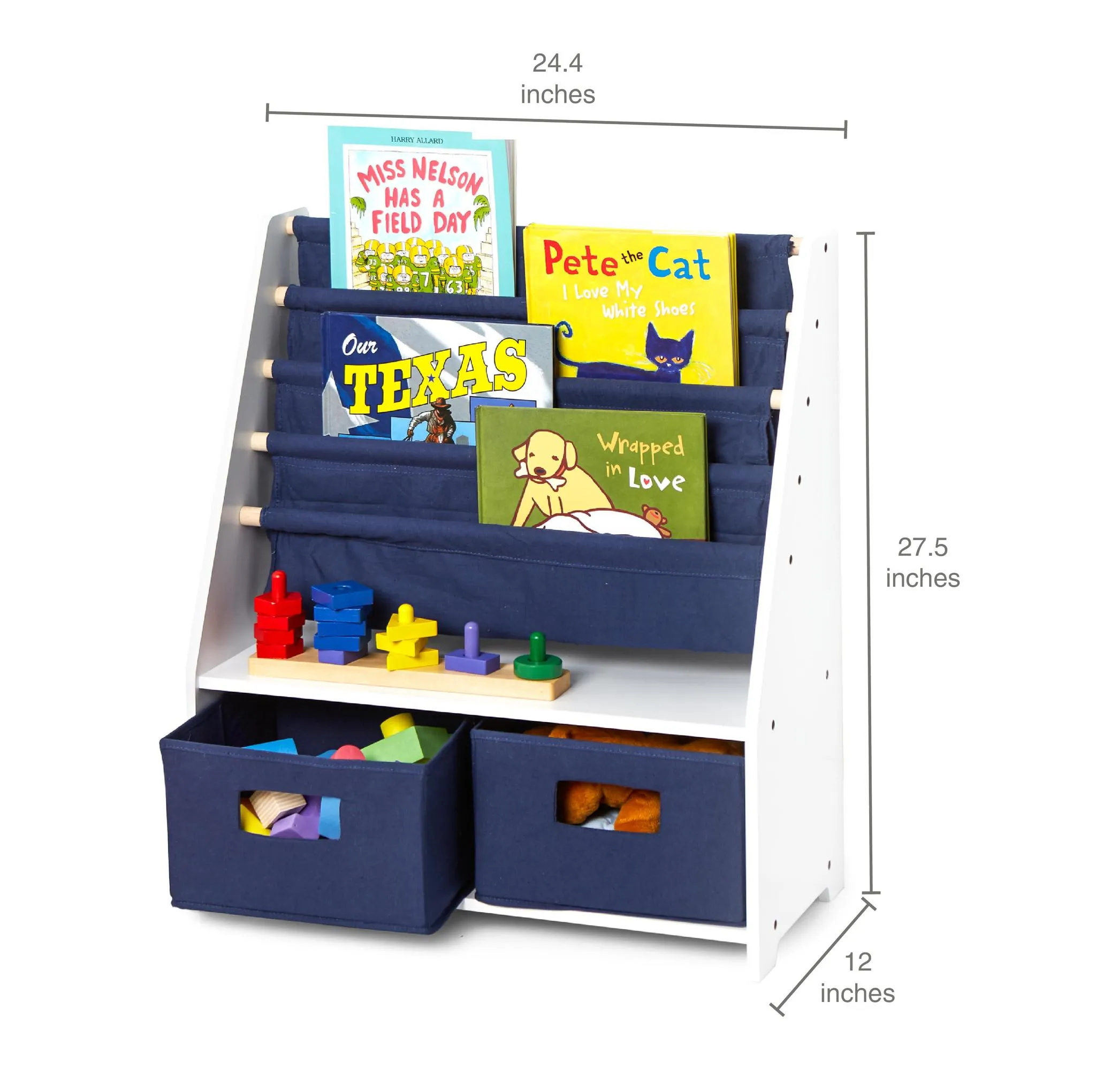 White Sling Bookshelf with Storage Totes
