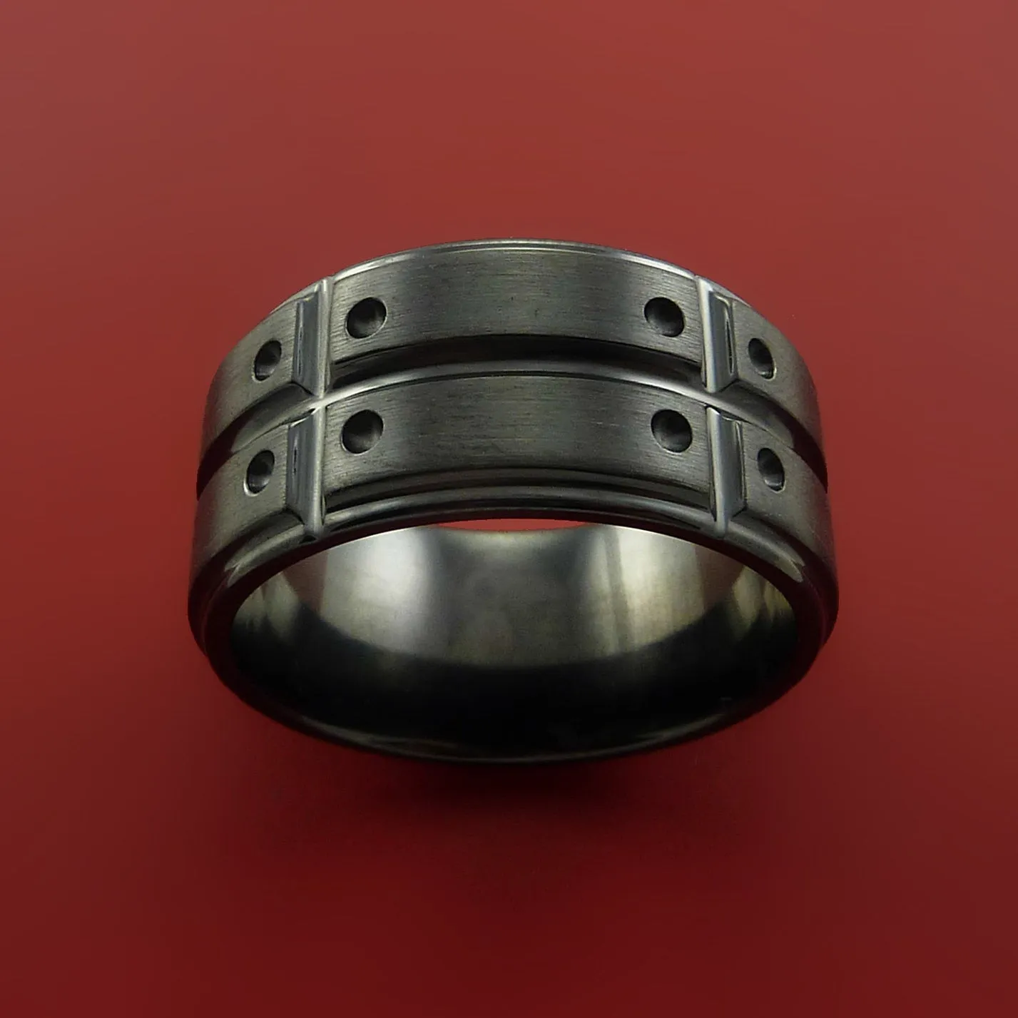 Wide Black Zirconium Ring with Industrial Segmented Groove Inlay Custom Made Band