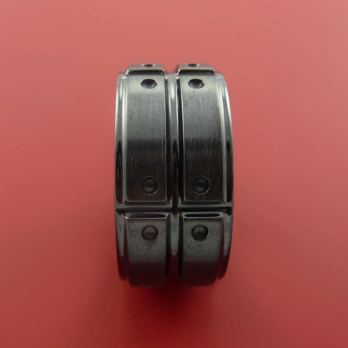 Wide Black Zirconium Ring with Industrial Segmented Groove Inlay Custom Made Band