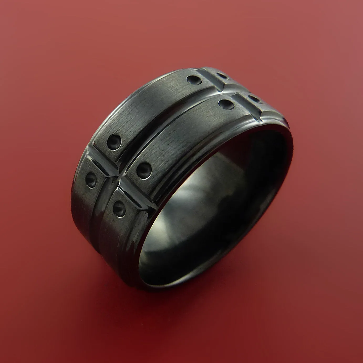 Wide Black Zirconium Ring with Industrial Segmented Groove Inlay Custom Made Band