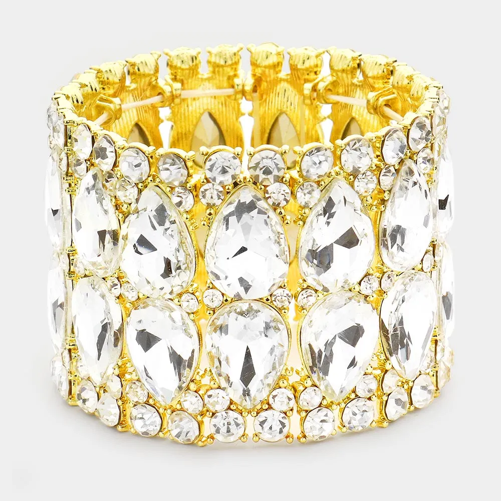 Wide Clear Crystal Teardrop Stretch Pageant Bracelet on Gold | Pageant Jewelry | 519350