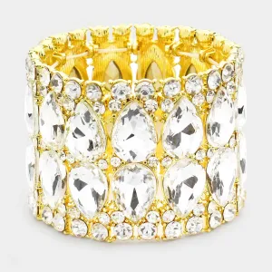 Wide Clear Crystal Teardrop Stretch Pageant Bracelet on Gold | Pageant Jewelry | 519350