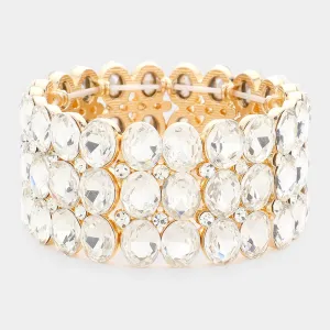 Wide Clear Three Row Crystal Oval Stone Stretch Bracelet on Gold | Big Chunky Bracelet | 596232