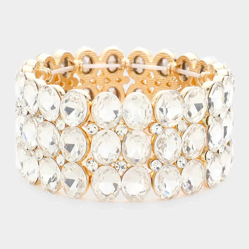 Wide Clear Three Row Crystal Oval Stone Stretch Bracelet on Gold | Big Chunky Bracelet | 596232