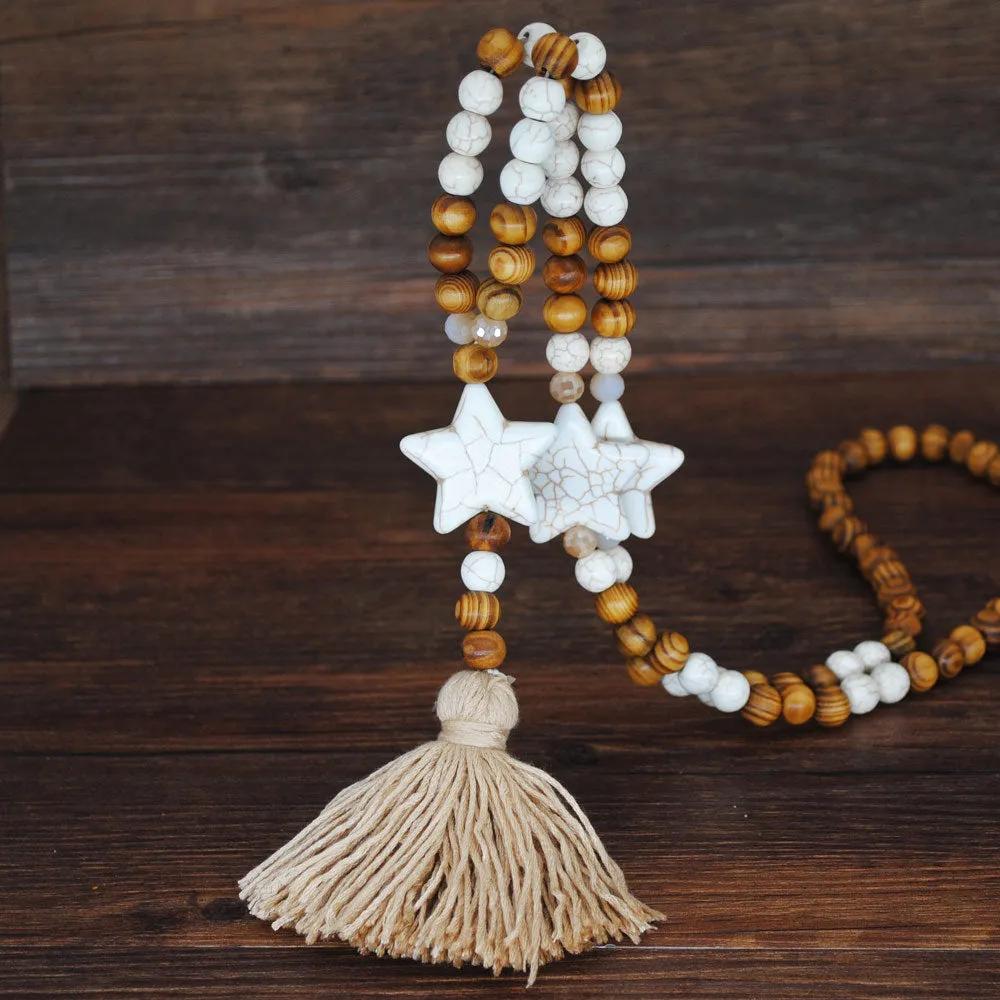 Wooden Beaded Tassel Star Stone Necklace