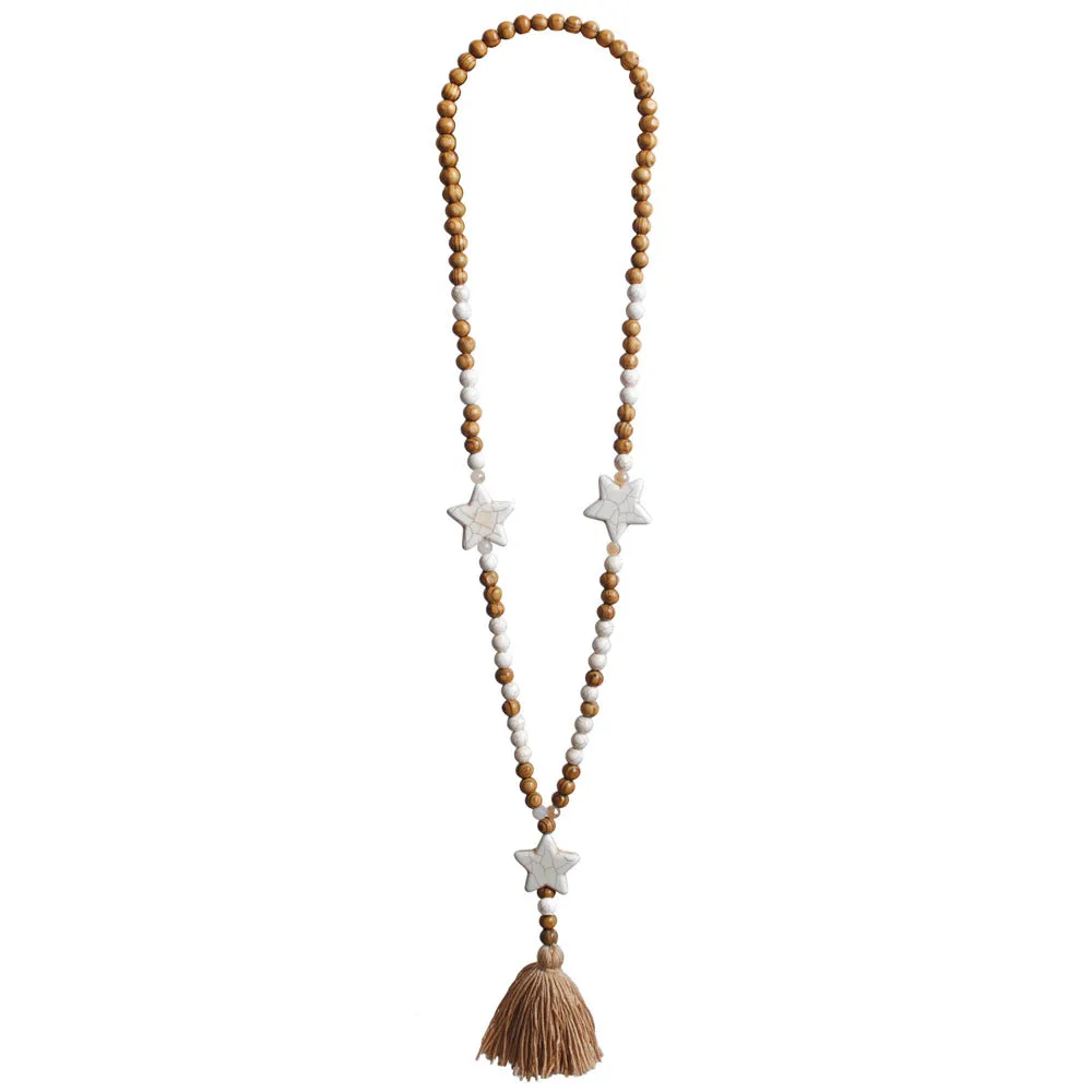 Wooden Beaded Tassel Star Stone Necklace