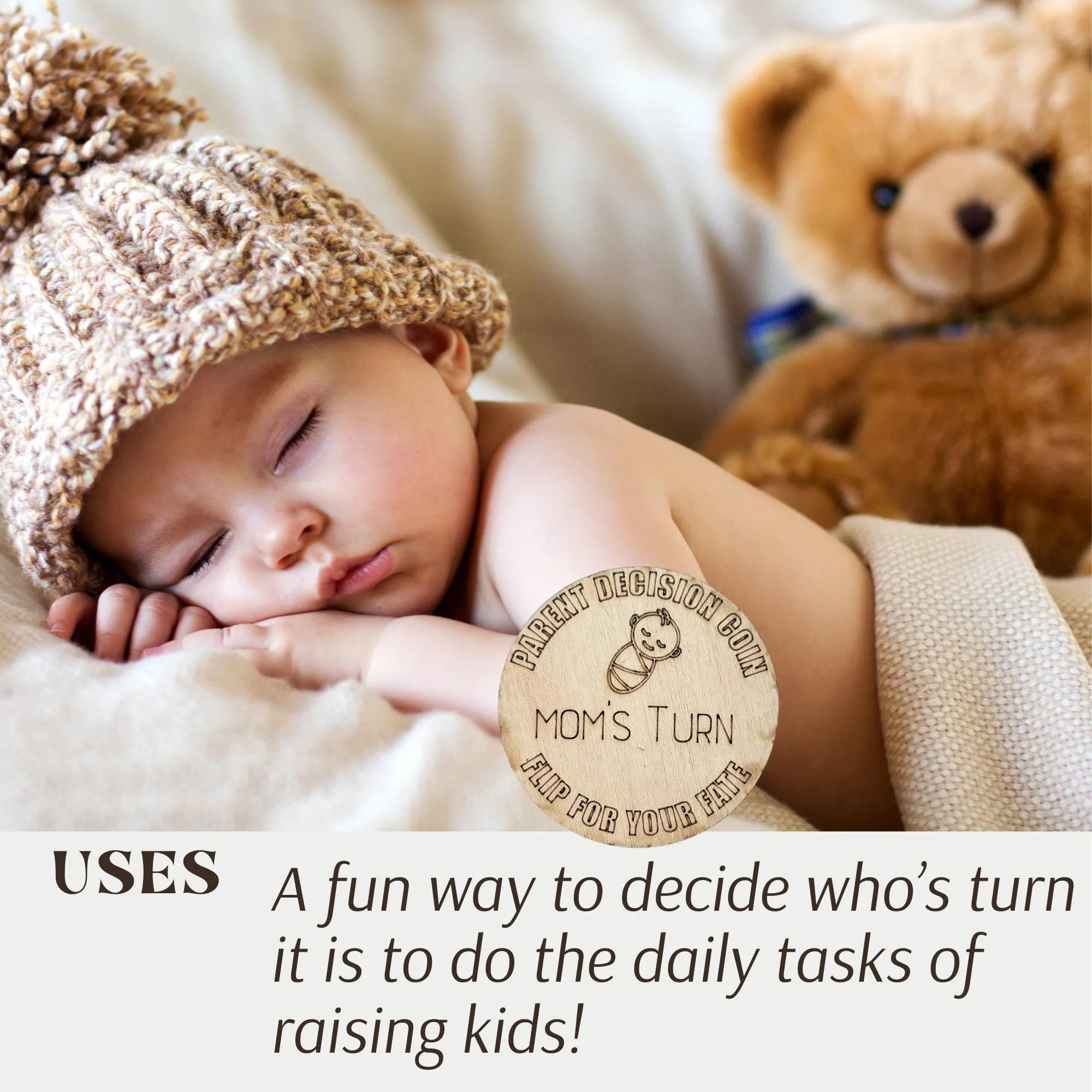 Wooden Parent Decision Coin – 3x3 Inches Engraved Baby Design | "Mom's Turn" & "Dad's Turn" New Parent Gift