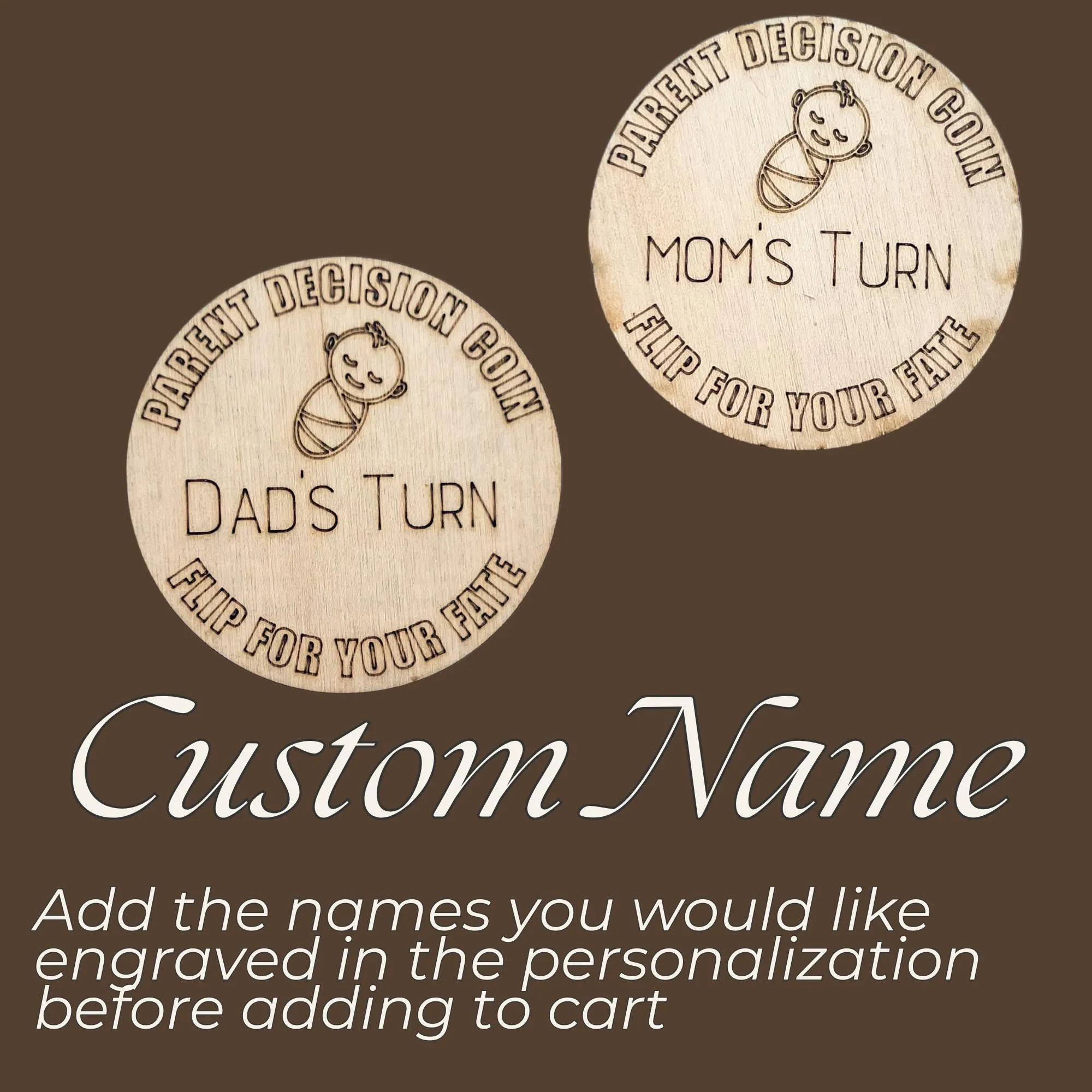 Wooden Parent Decision Coin – 3x3 Inches Engraved Baby Design | "Mom's Turn" & "Dad's Turn" New Parent Gift