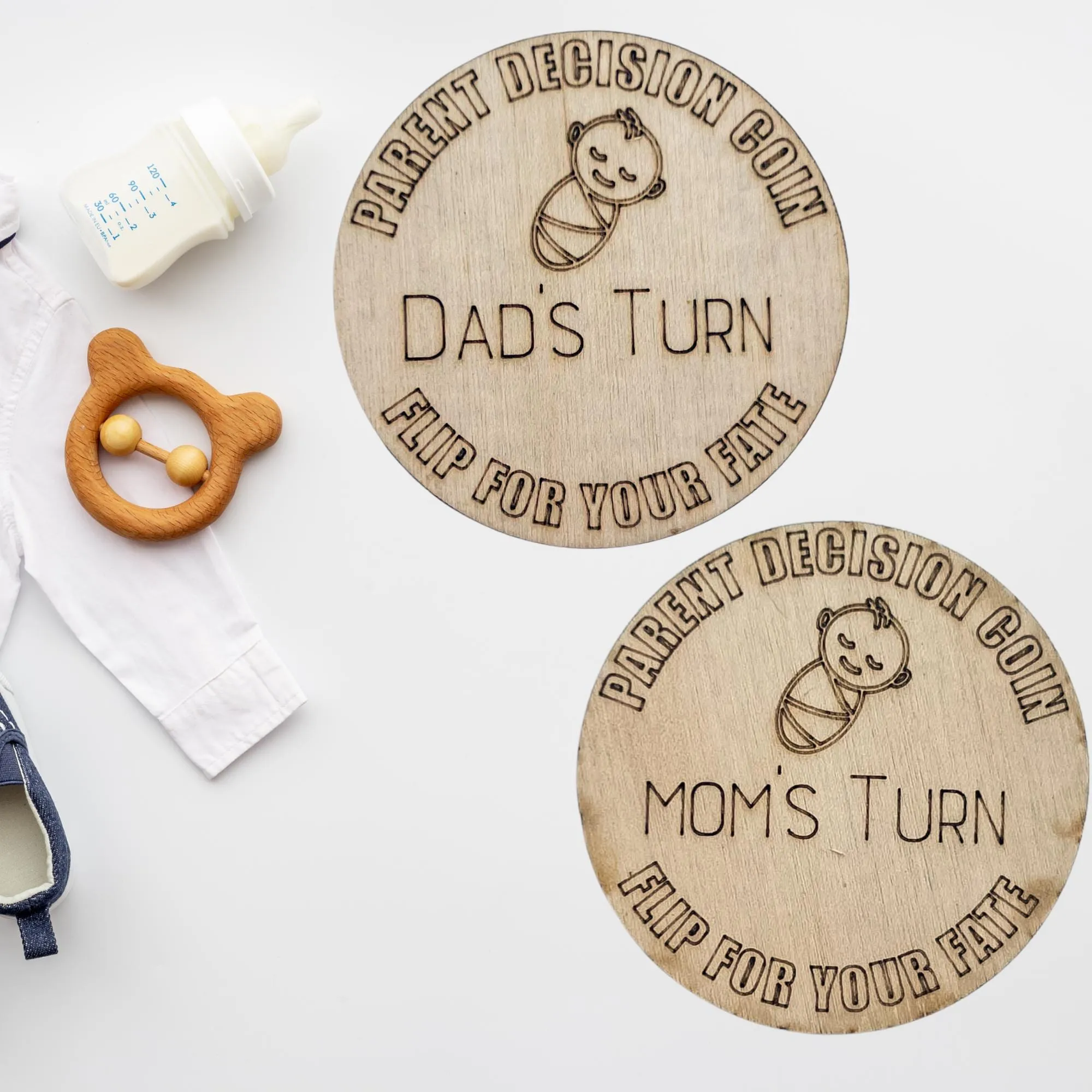 Wooden Parent Decision Coin – 3x3 Inches Engraved Baby Design | "Mom's Turn" & "Dad's Turn" New Parent Gift