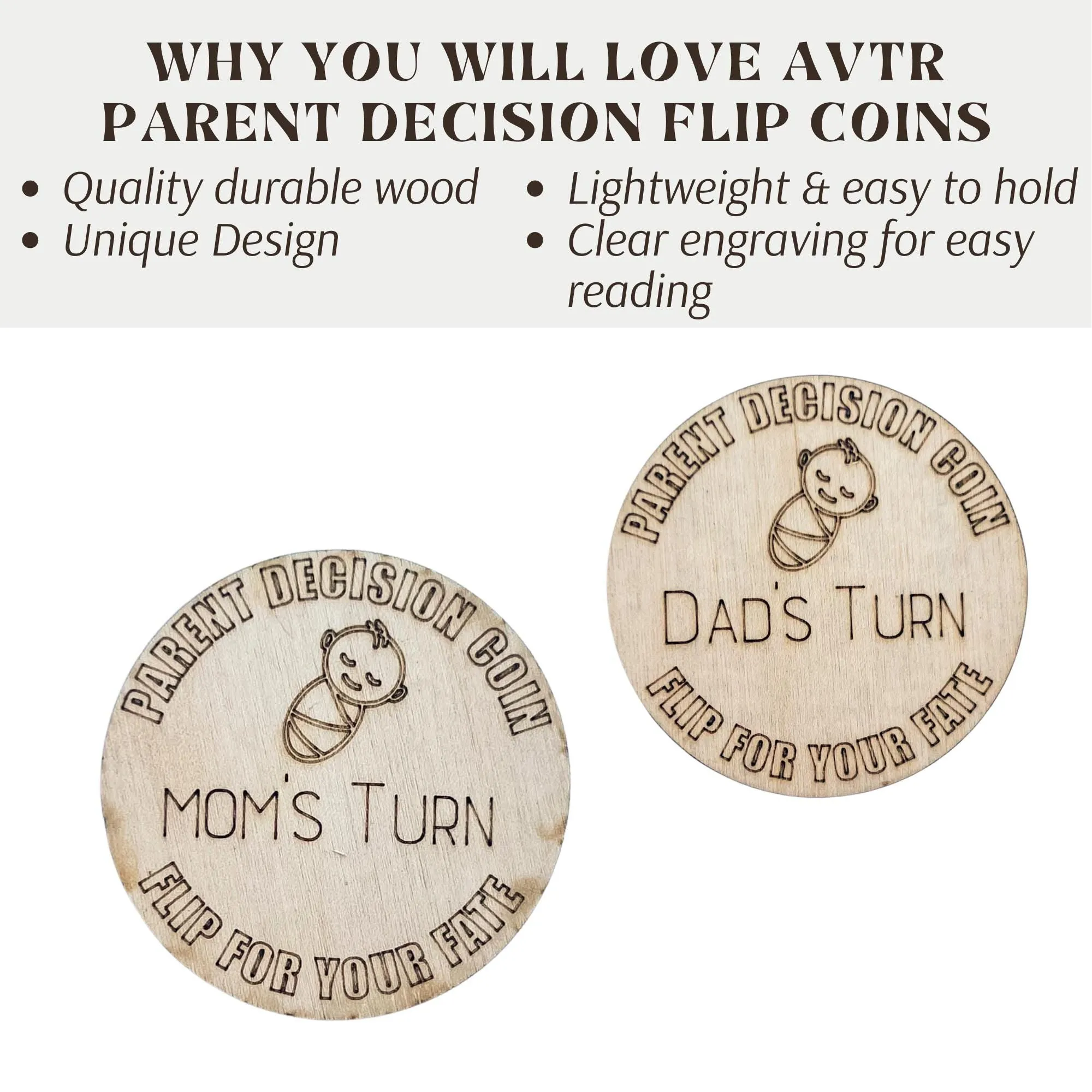 Wooden Parent Decision Coin – 3x3 Inches Engraved Baby Design | "Mom's Turn" & "Dad's Turn" New Parent Gift