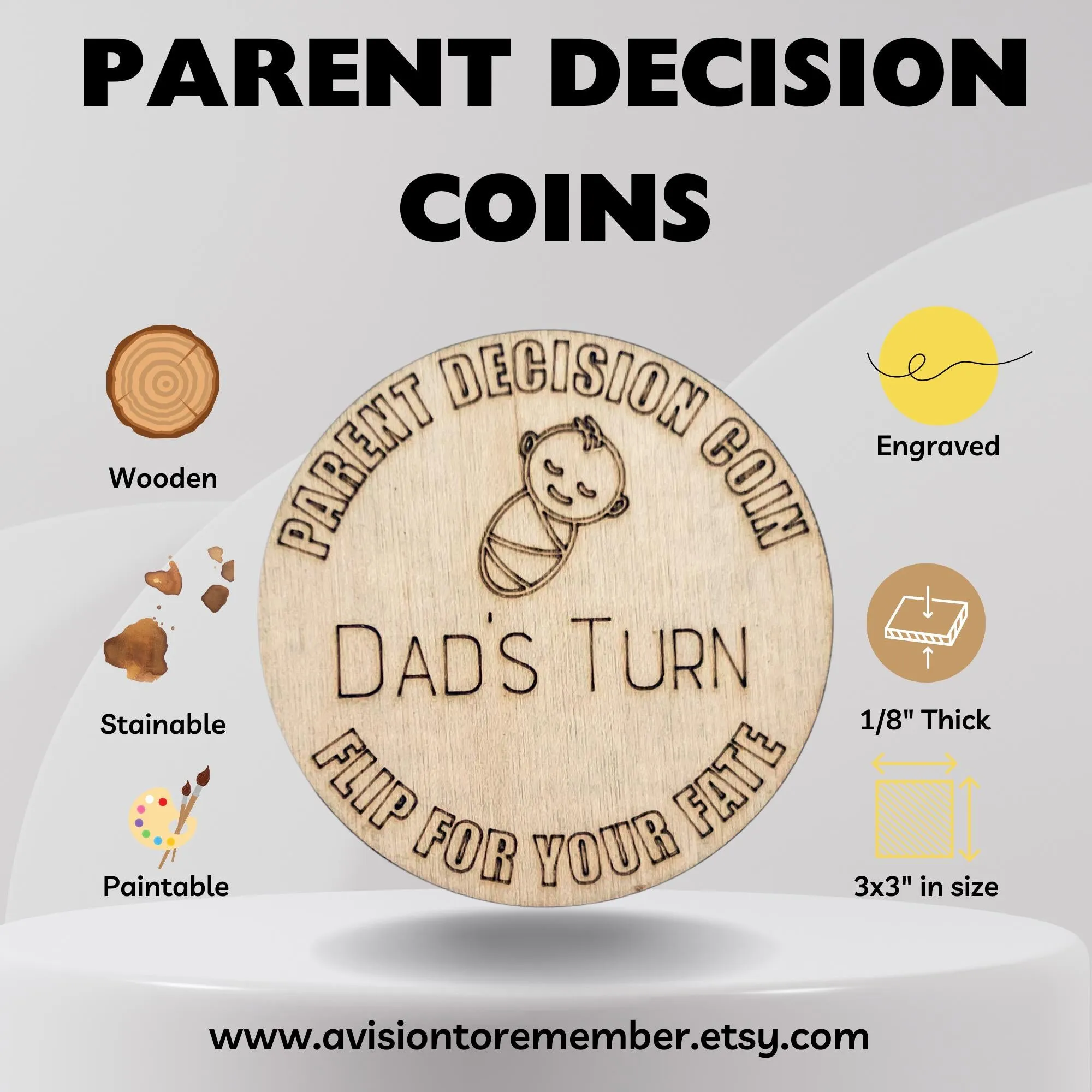 Wooden Parent Decision Coin – 3x3 Inches Engraved Baby Design | "Mom's Turn" & "Dad's Turn" New Parent Gift