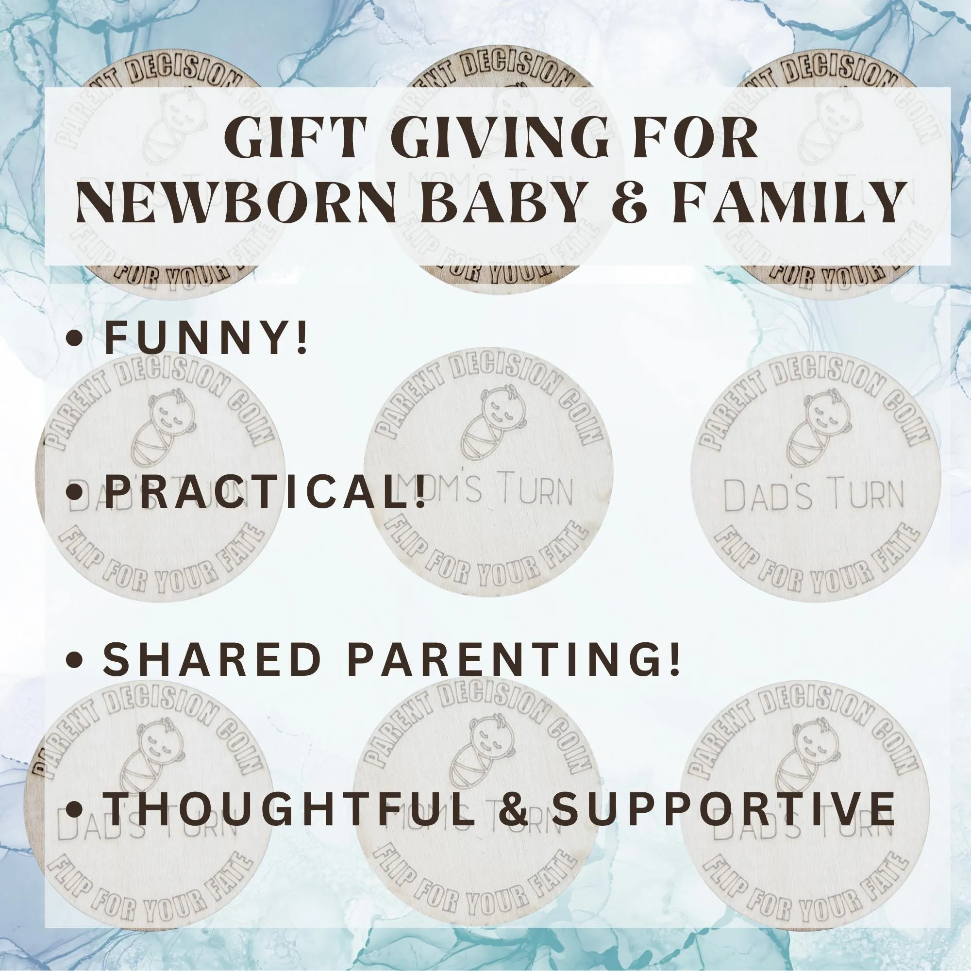 Wooden Parent Decision Coin – 3x3 Inches Engraved Baby Design | "Mom's Turn" & "Dad's Turn" New Parent Gift