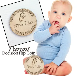Wooden Parent Decision Coin – 3x3 Inches Engraved Baby Design | "Mom's Turn" & "Dad's Turn" New Parent Gift