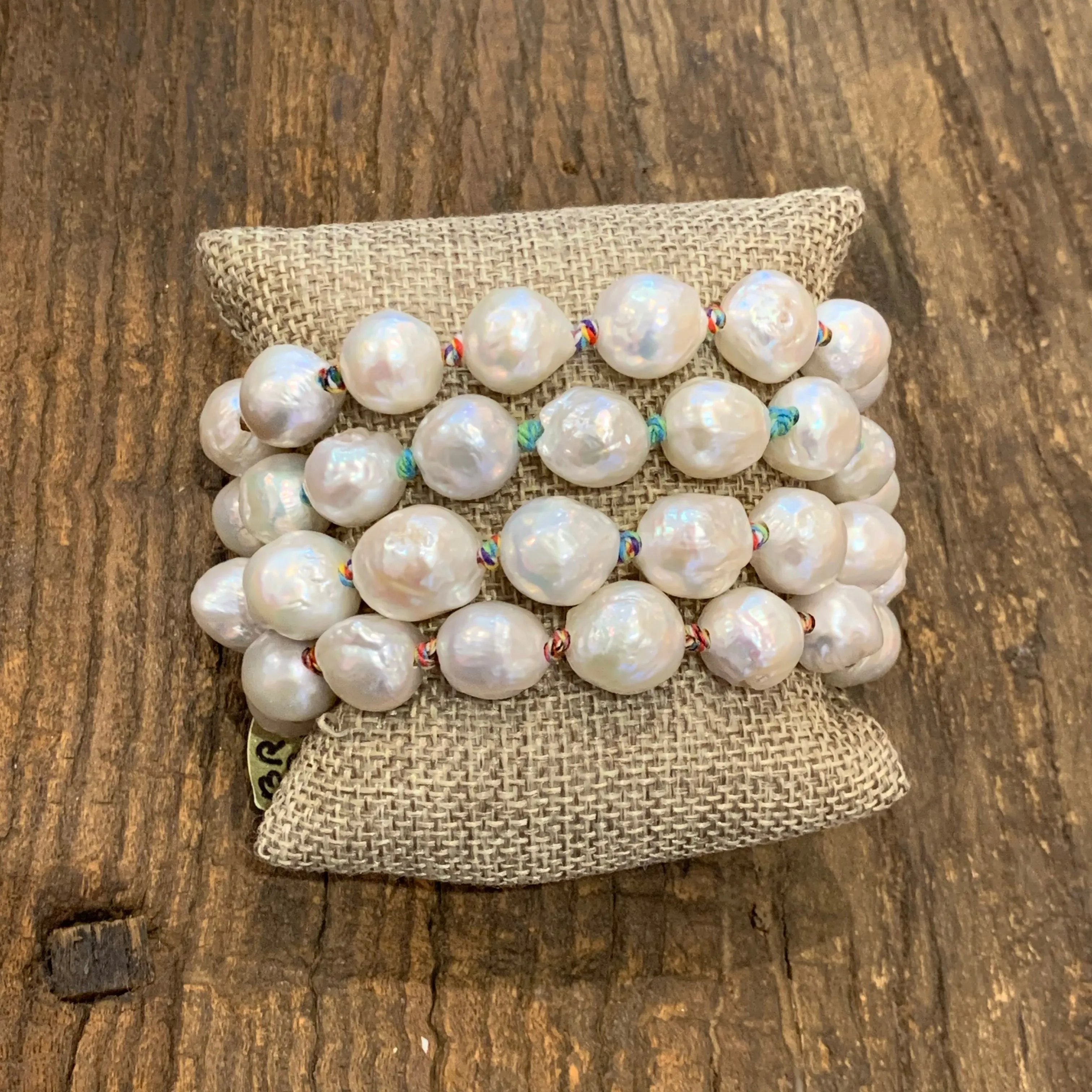 Wrinkled Pearls on Colorful Cord Bracelet
