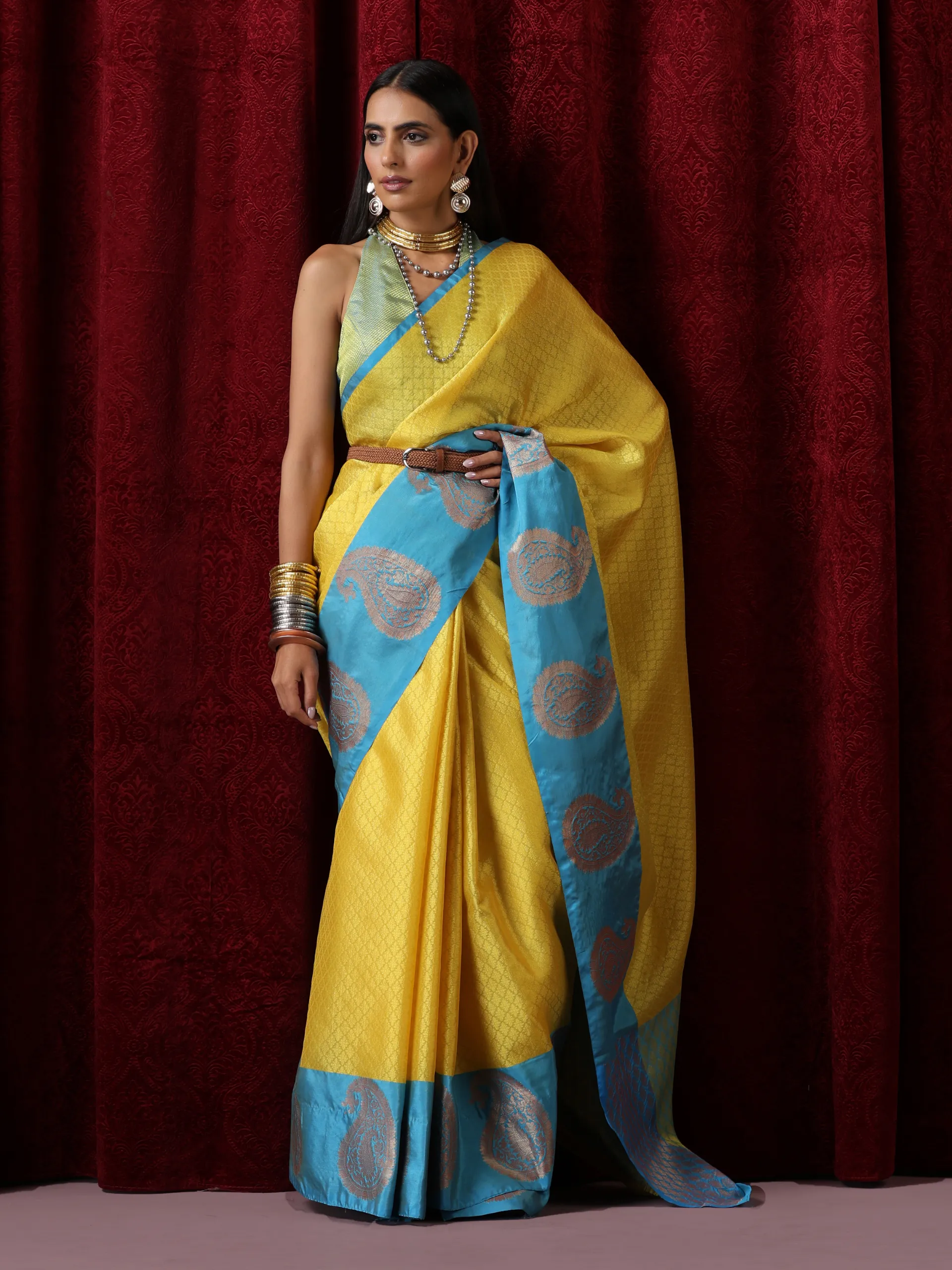 Yellow Jacquard Saree with Blue Border with Blouse Fabric